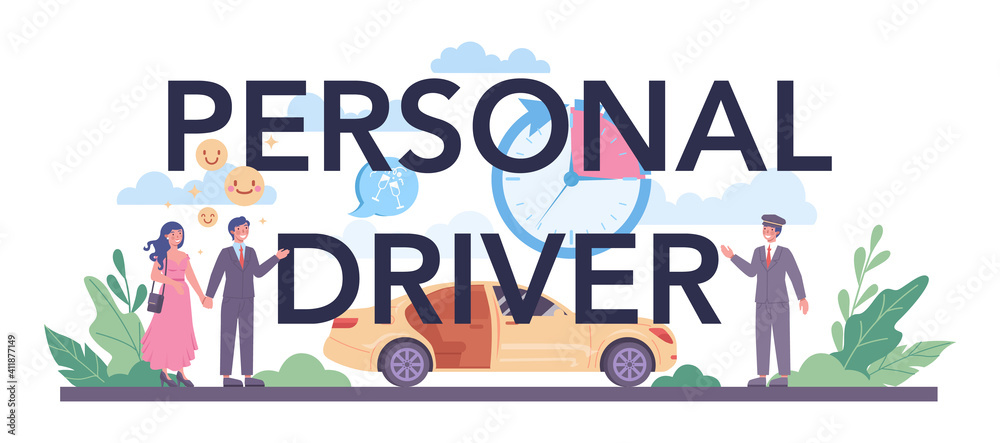 Personal driver typographic header. Automobile cab with driver inside