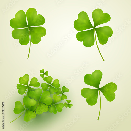 Saint Patricks green set of clover leaves or shamrock on white. Lucky clover leaf realistic for your design. Vector illustration. Isolated on white background.