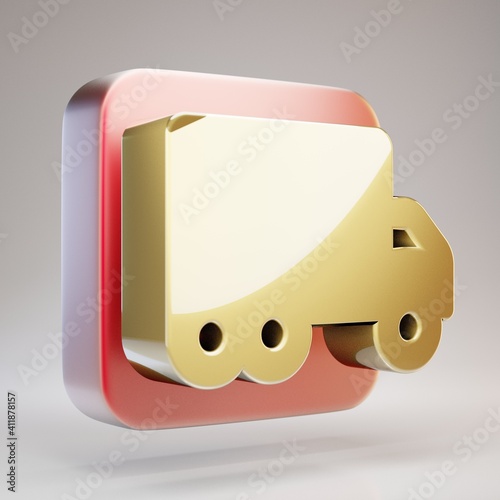 Moving Truck icon. Golden Moving Truck symbol on red matte gold plate.