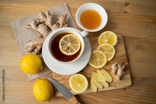 Antiviral drink with lemon, honey and ginger root, strengthening of immunity concept