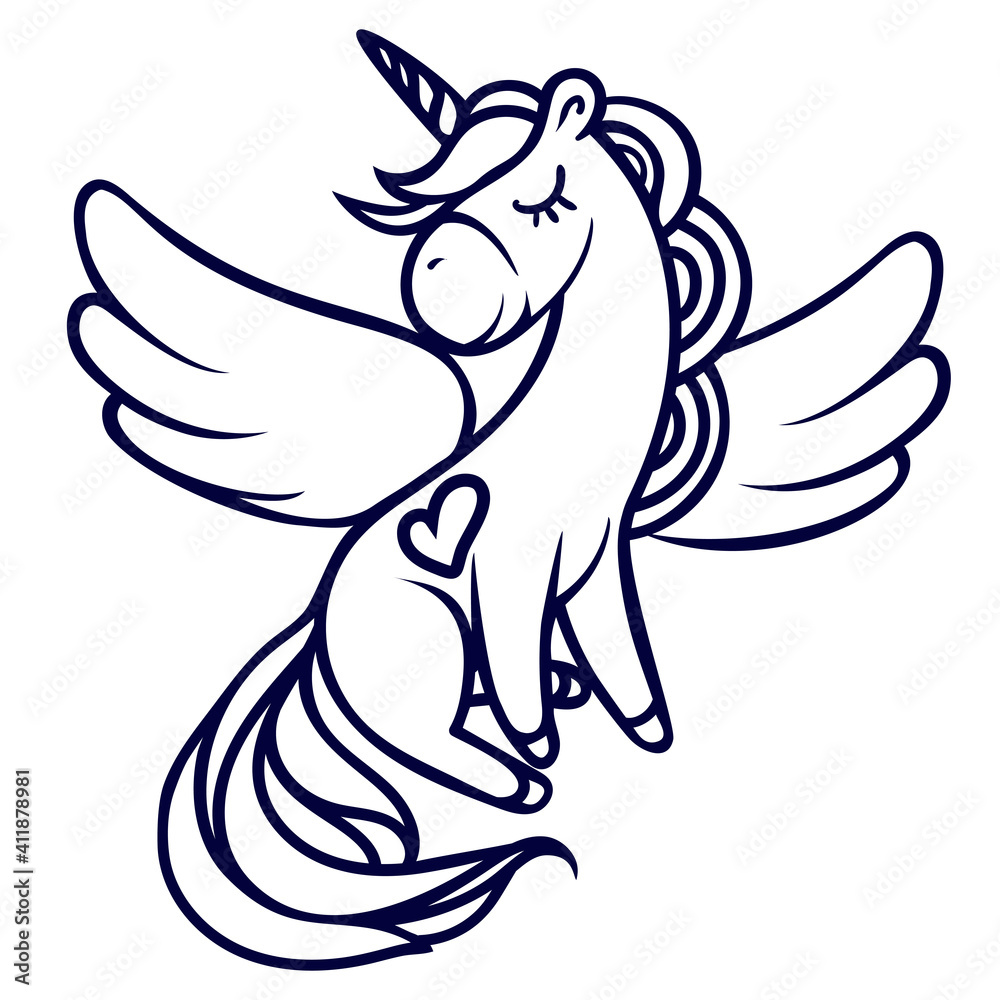 Hand-drawn flying magical unicorn with a heart. Hand-drawn flying magical unicorn with a heart.