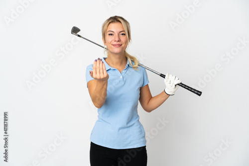 Young Russian golfer woman isolated on white background inviting to come with hand. Happy that you came