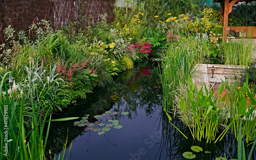 A large garden pool with water plants and colourful flowers