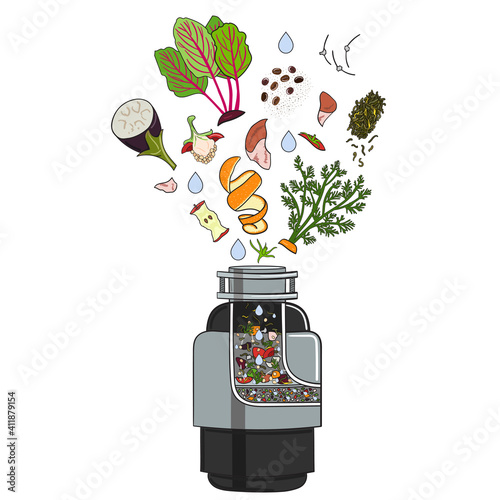 Food waste disposer for kitchen sink with kitchen scraps falling into it. Home garbage disposal. Recycling organic waste. Sustainable living, zero waste concept