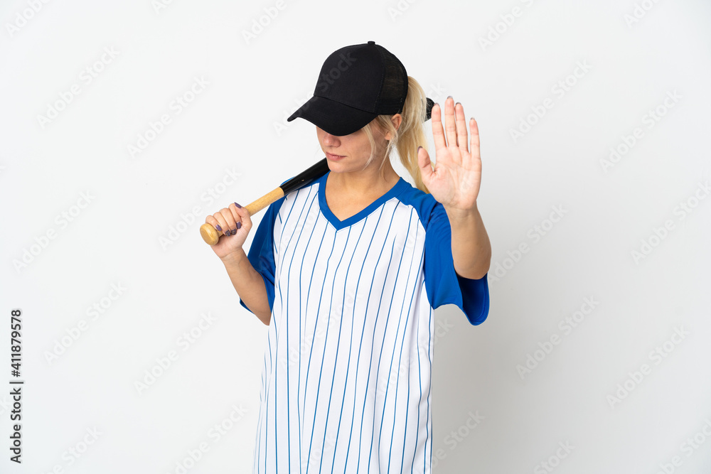 Young Russian woman playing baseball isolated on white background making stop gesture and disappointed Young Russian woman playing baseball isolated on white background making stop gesture and disappointed