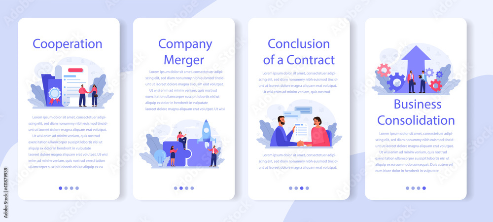 Business consolidation mobile application banner set. Office characters