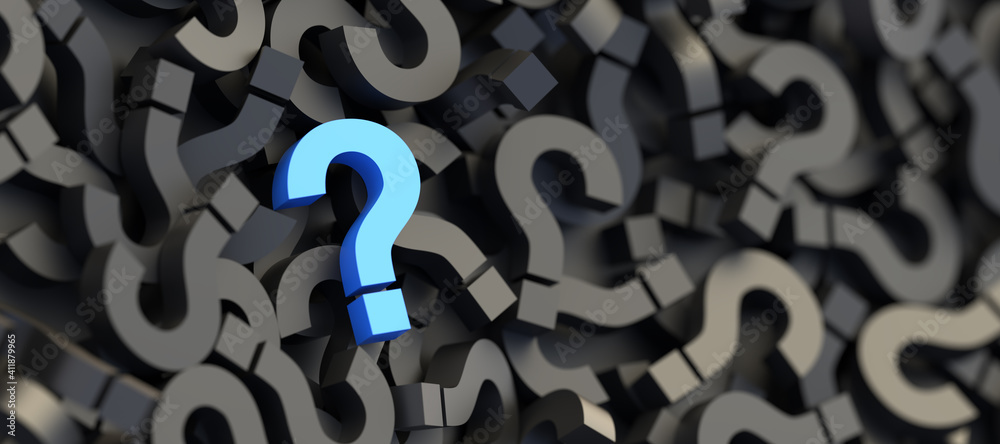 Blue question mark on a background of black signs, FAQ Concept. 3D Rendering Blue question mark on a background of black signs, FAQ Concept. 3D Rendering