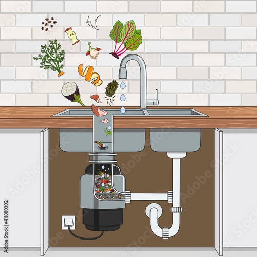 Food waste disposer installed under kitchen sink with scraps falling into it. Home garbage disposal. Kitchen interior. Recycling organic waste. Zero waste concept