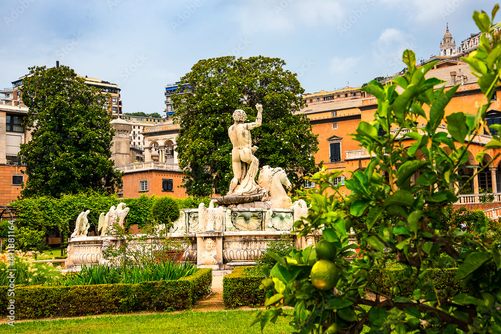 Villa de Principe in Genoa . The garden of the House of Doria-Pamphili, a princely Roman family of Genoese extraction. 
The House of Doria-Pamphili-Landi (also called simply Doria-Pamphili) is a prin