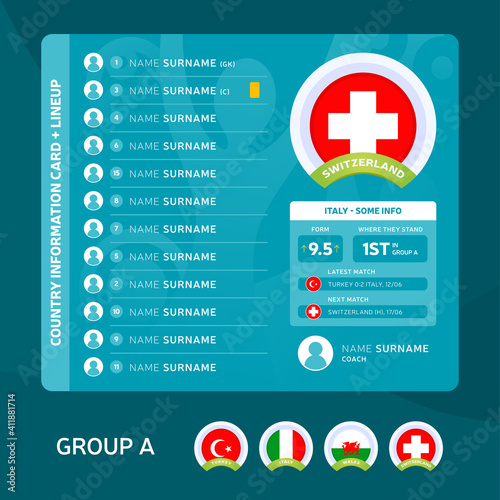Switzerland group A Football 2020 tournament final stage vector illustration. Country team lineup table with place for information. 2020 soccer tournamet Vector country flags.