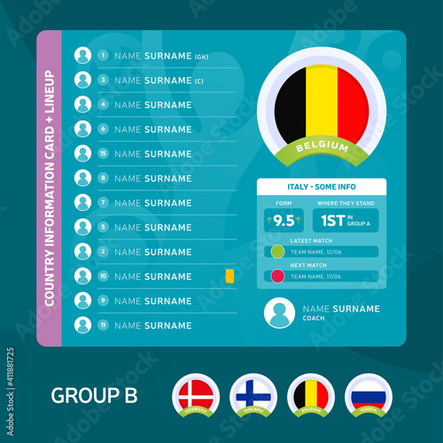 Belgium group B Football 2020 tournament final stage vector illustration. Country team lineup table with place for information. 2020 soccer tournamet Vector country flags.