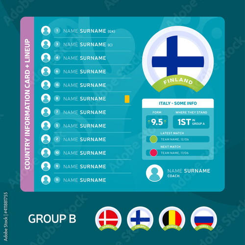 Finland group B Football 2020 tournament final stage vector illustration. Country team lineup table with place for information. 2020 soccer tournamet Vector country flags.