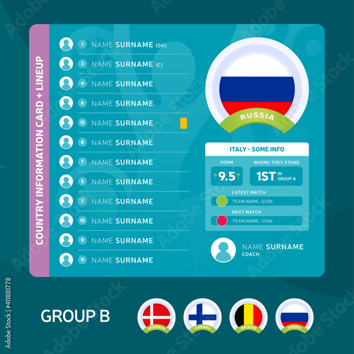 russia group B Football 2020 tournament final stage vector illustration. Country team lineup table with place for information. 2020 soccer tournamet Vector country flags.