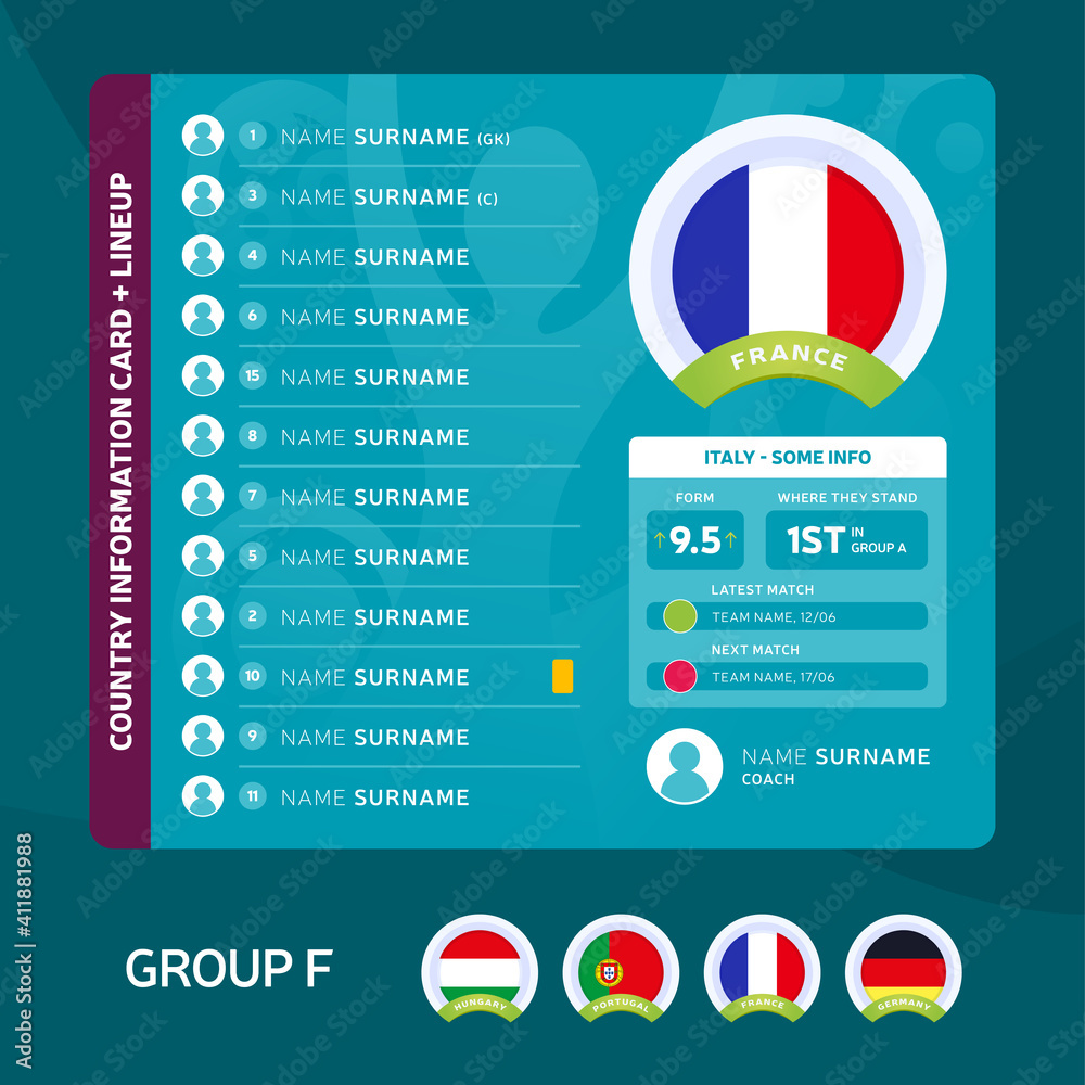 France group F Football 2020 tournament final stage vector illustration. Country team lineup table with place for information. 2020 soccer tournamet Vector country flags.