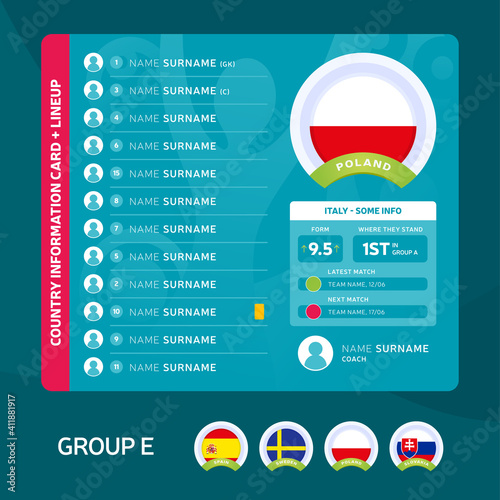 Poland group E Football 2020 tournament final stage vector illustration. Country team lineup table with place for information. 2020 soccer tournamet Vector country flags.