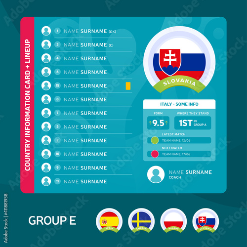 Slovakia group E Football 2020 tournament final stage vector illustration. Country team lineup table with place for information. 2020 soccer tournamet Vector country flags.
