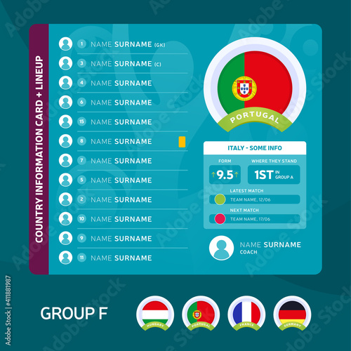 Portugal group F Football 2020 tournament final stage vector illustration. Country team lineup table with place for information. 2020 soccer tournamet Vector country flags.