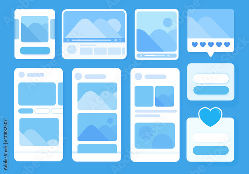 Set of UI, UX, GUI screens application with flat design template for mobile apps. Responsive website wireframes. Web design UI kit. icons for web and mobile applications set. blue background. 