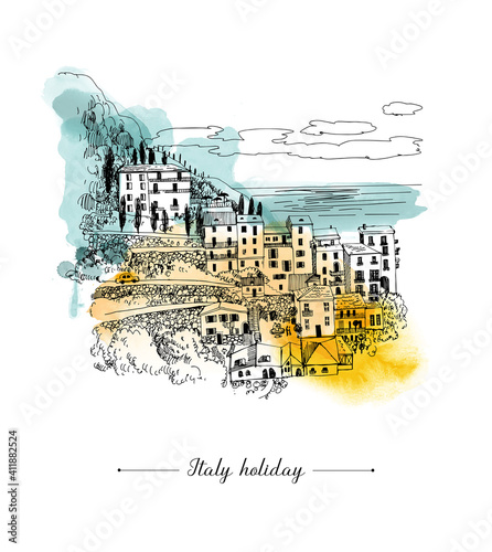 Summer holiday card. Illustration of mediterranean landscape