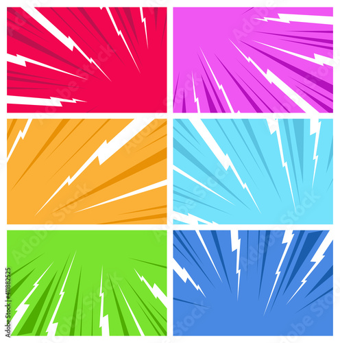 Comic book page composition of different colorful backgrounds. Art explosion for action comic book and manga. Confrontation image illustration of thunder bolt. Flat illustration Comic Style Vector.
