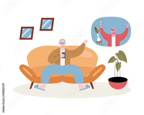 grandfathers using smartphones in video calling in the livingroom