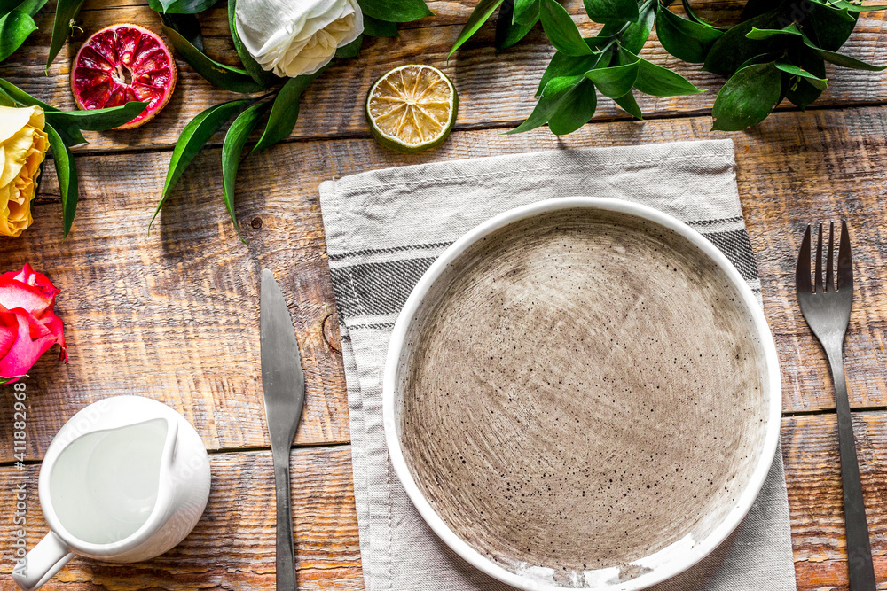 ceramic tableware top view on wooden background mock up ceramic tableware top view on wooden background mock up