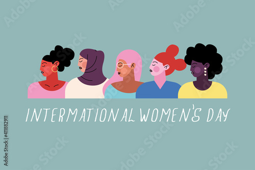 happy womens day lettering with group of five ladies characters