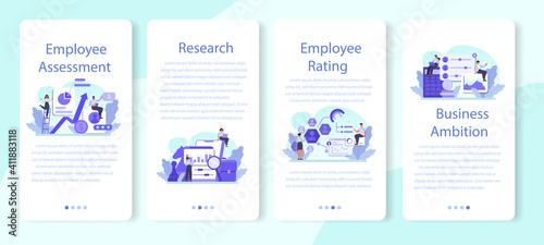 Employee assessment mobile application banner set. Employee evaluation, testing