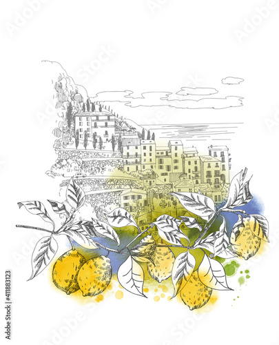 Summer holiday card. Illustration  of mediterranean landscape