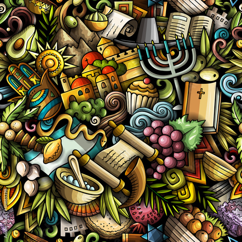 Cartoon doodles Israel seamless pattern.
