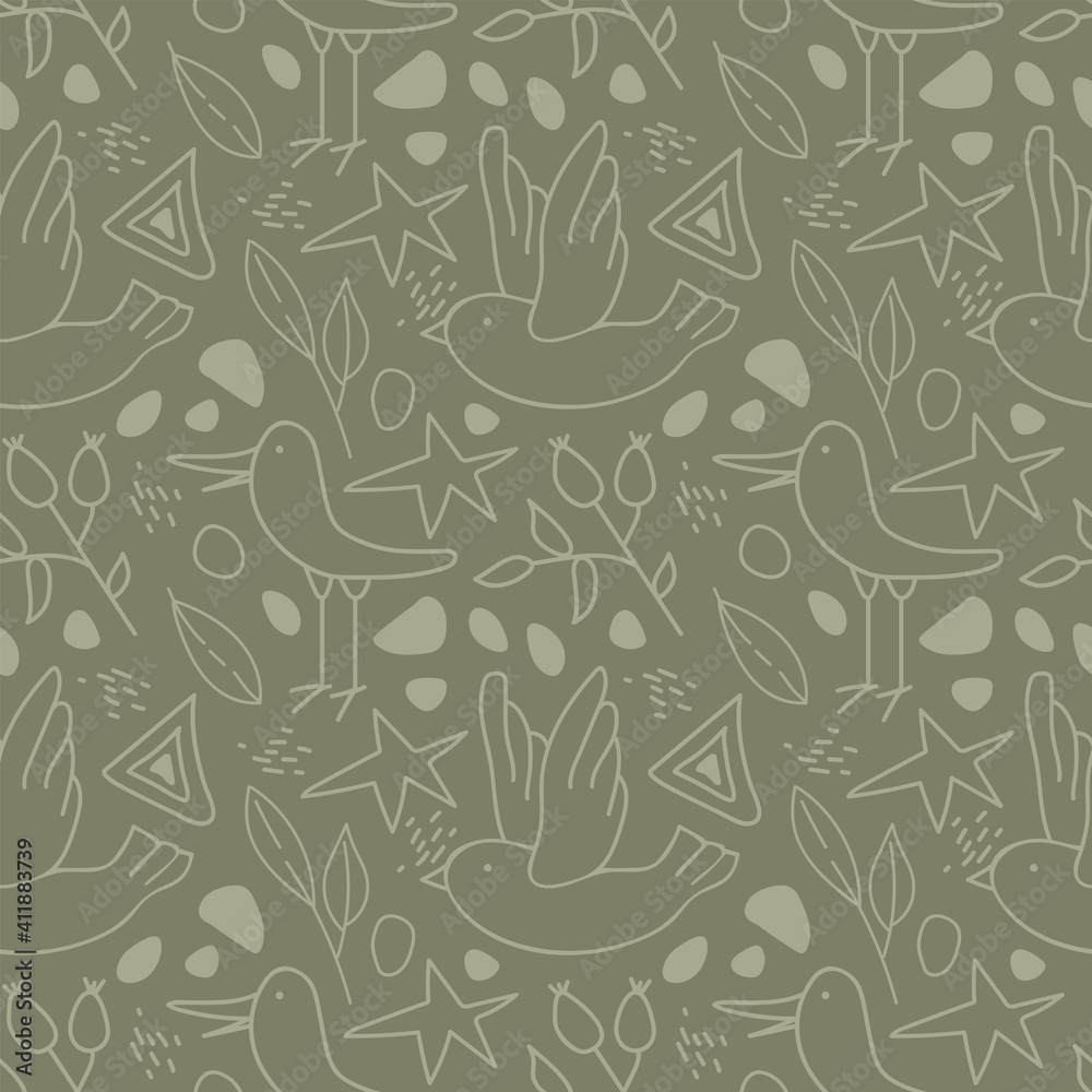 Seamless pattern in doodle style with illustration of cute birds, stars, flowers, berries, leaves