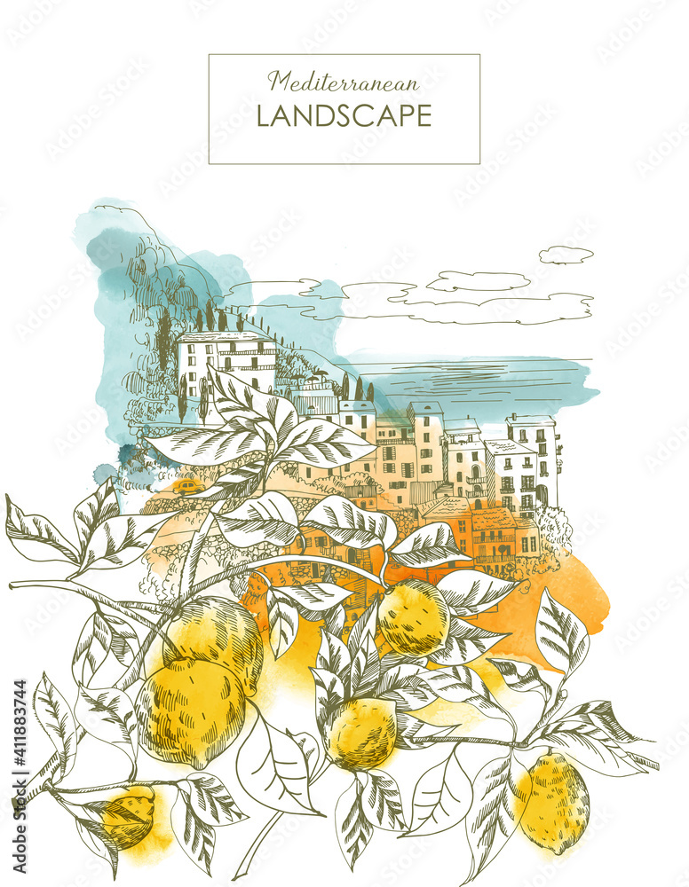 Summer holiday card. Illustration  of mediterranean landscape