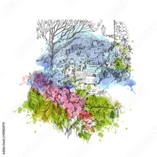 Summer holiday card. Illustration  of mediterranean landscape