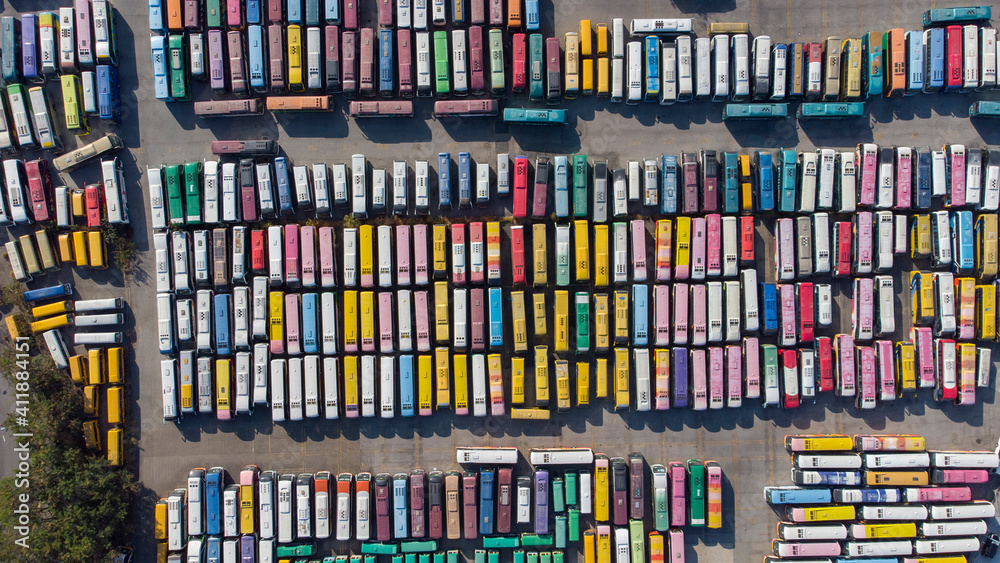 2021 Jan 5,Hong Kong.Large number of colorful coaches are parked in the parking lot. 2021 Jan 5,Hong Kong.Large number of colorful coaches are parked in the parking lot.