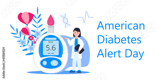American Association Diabetes Alert Day concept vector in flat style. Event is observed annually on the fourth Tuesday in March. Doctor and glucose meter