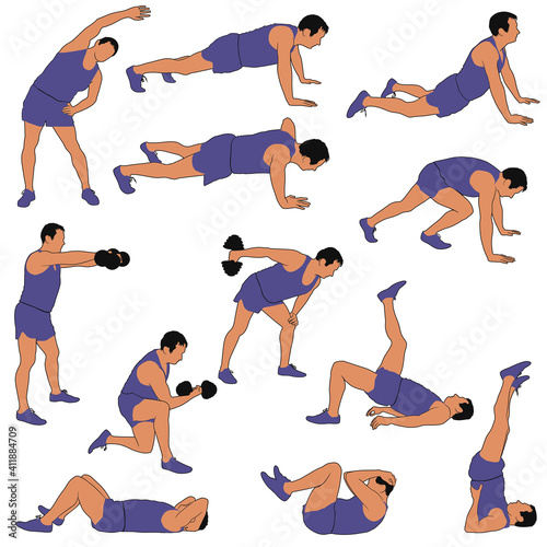 Vector icons of man in costume doing sport exercises isolated on white background. Colored silhouette of sportive boy doing fitness workout in different position. Active and healthy life concept.