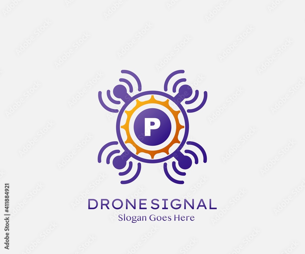 Fototapeta premium Drone Wireless Signal Letter P logo Icon, Abstract Technology Drone Service and Wireless Vector Design Concept