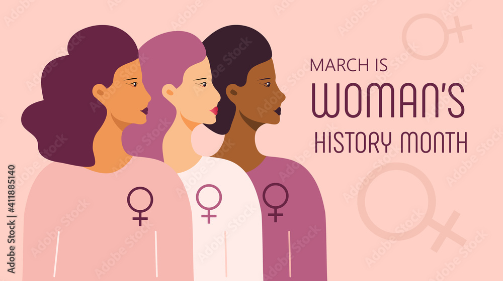 Woman history month concept vector on flat style. Event is celebrated in March in USA, United Kingdom, Australia. Girl power and feminism illustration for web, poster Woman history month concept vector on flat style. Event is celebrated in March in USA, United Kingdom, Australia. Girl power and feminism illustration for web, poster