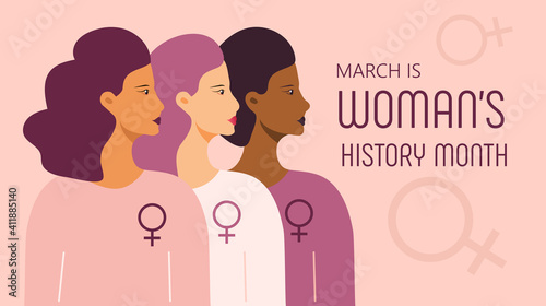 Woman history month concept vector on flat style. Event is celebrated in March in USA, United Kingdom, Australia. Girl power and feminism illustration for web, poster