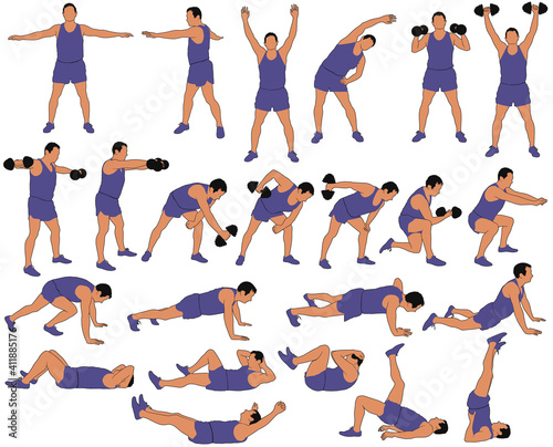 Big set of icons of man in costume doing fitness and sport workout isolated on white background. Vector silhouettes of boy practicing exercises in different positions. Active and healthy life concept.