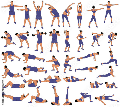 Set of vector silhouettes of man and woman in costume doing fitness  sport and yoga workout isolated on white background.  Icons of sportive boy and girl practicing exercises in different positions.