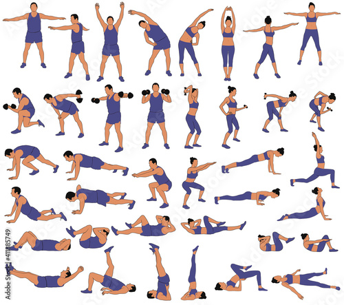 Set of vector silhouettes of man and woman in costume doing fitness, sport and yoga workout isolated on white background.  Icons of sportive boy and girl practicing exercises in different positions.