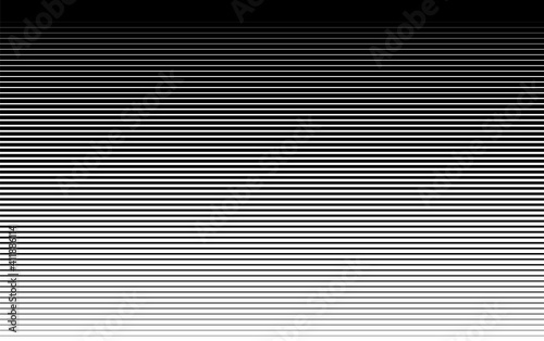 Pattern with gradient horizontal halftone line. Abstract background with parallel lines from thick to thin. Black texture of straight stripes. Digital velocity lines on screen. Vector