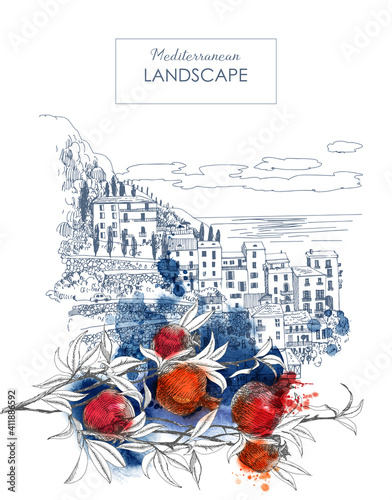 Summer holiday card. Illustration  of mediterranean landscape