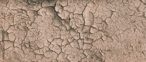 Background Of Brown Dry Cracked Soil Dirt Or Earth During Drought. Dry Cracked Earth Depicting Severe Drought Conditions. Panorama photo