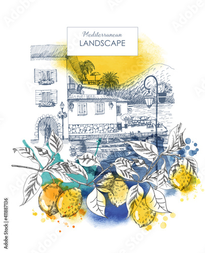 Summer holiday card. Illustration  of mediterranean landscape