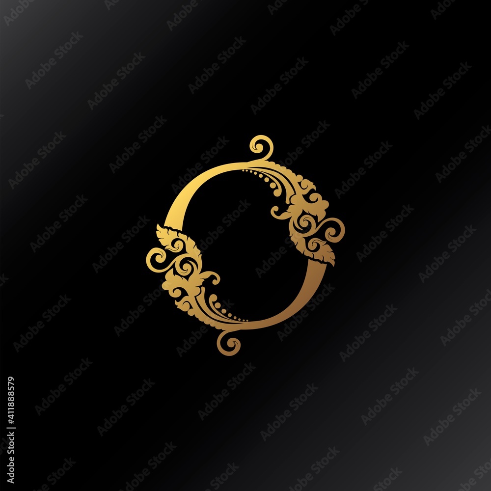 Fototapeta premium Golden O Letter Logo Ornate Decoration Elegant Swirl Ornament Luxury Style Vector Design