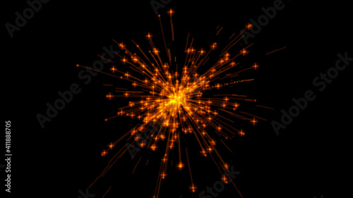 Isolated black background. Abstract sparkler sparkles with bright glowing sparks on a black endless space background. 3d illustration.