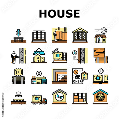 Timber Frame House Collection Icons Set Vector. Pile Screw Foundation And Ecowool Insulation, Wooden And Steel Building Frame Concept Linear Pictograms. Contour Color Illustrations