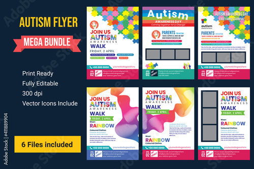 Colorful Flyer or banner or poster  Set of World autism awareness day with hand of puzzle pieces.